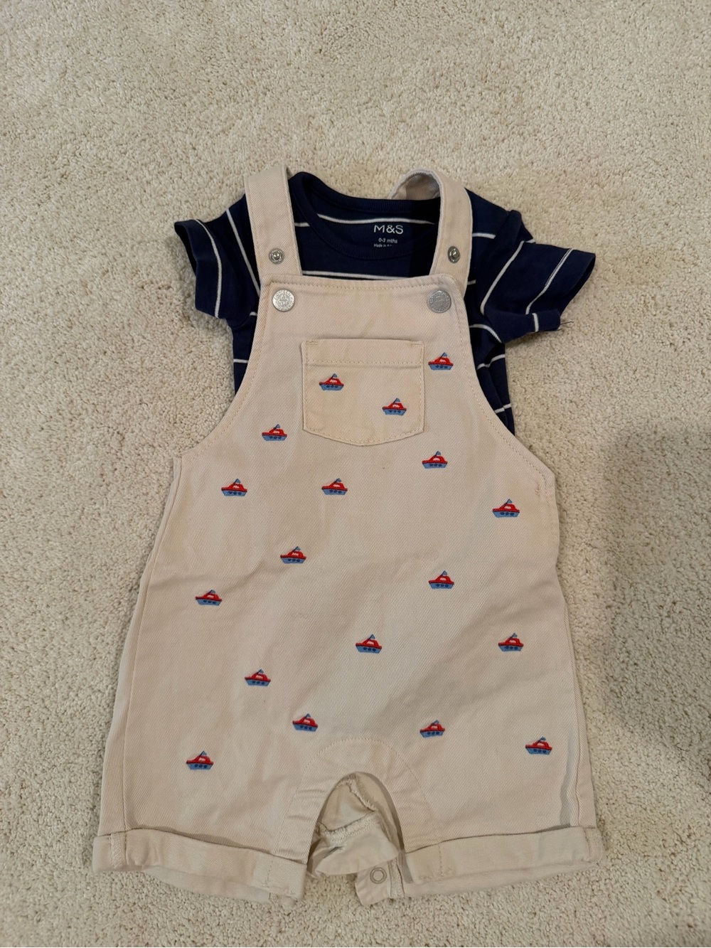 Beige Embroidered Boat Shortalls for Kids